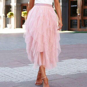 Dusty Pink Elegant Women's Layered Hem Mesh Overlay Skirt